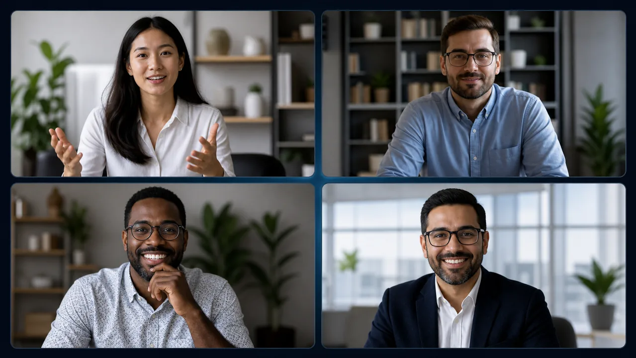 Four people in an online meeting while MeetScribe AI records